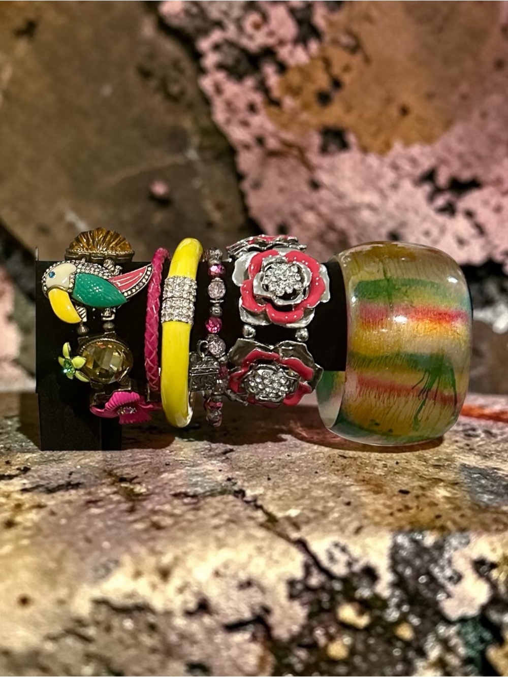 Whimsical Multi-Color Bracelet Stack Lot 6pc Enamel Floral Toucan Lucite